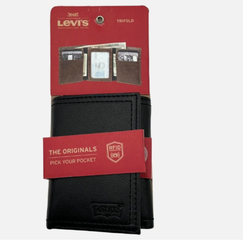 Levi's Men's Trifold Wallet‎ RFID-Blocking Maximum-Capacity Black Gift Boxed
